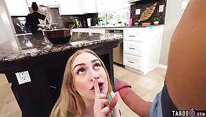 Teen stepsister Emma Starletto hides the kitchen blowjob from our mom